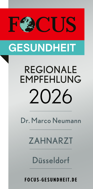 Poster for Focus Gesundheit 2026 regional recommendation: Dr. Marco Neumann, Zahnarzt in Düsseldorf (focus-gesundheit.de).