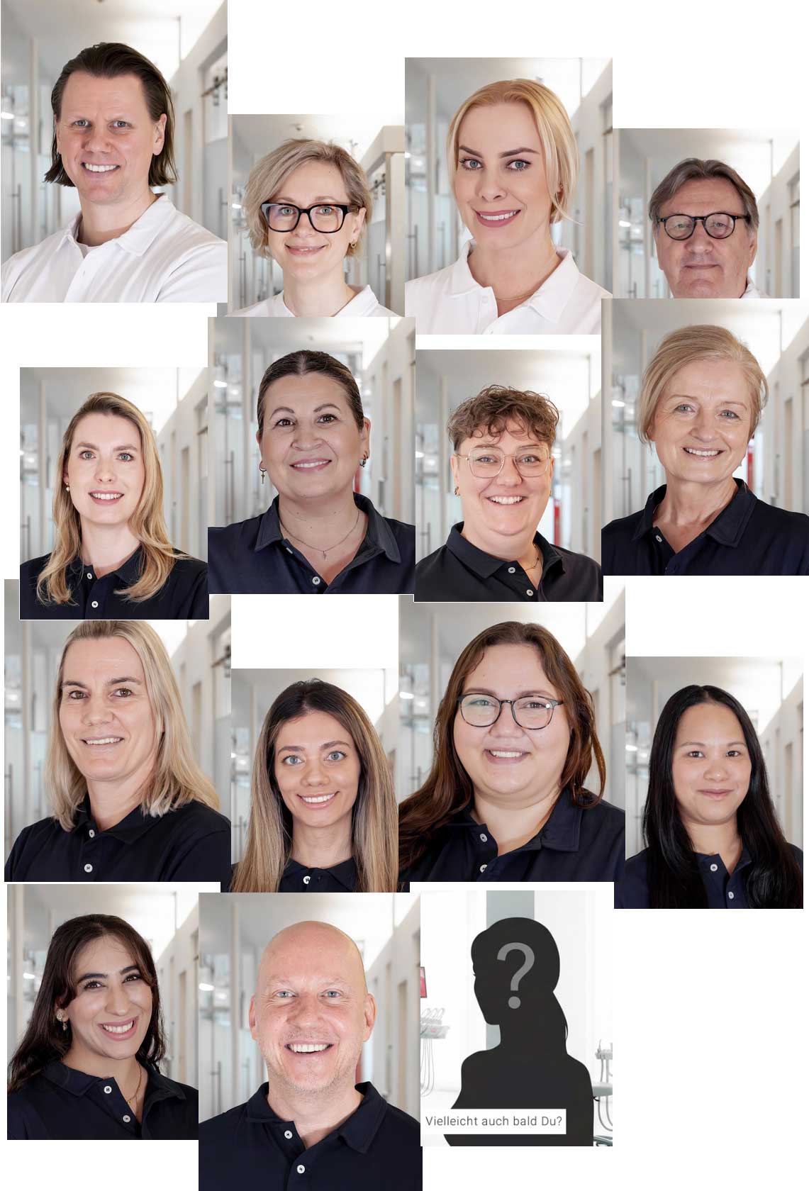mobilteam-startseite Collage of diverse professionals smiling at the camera in a bright office hallway, forming a team photo mosaic
