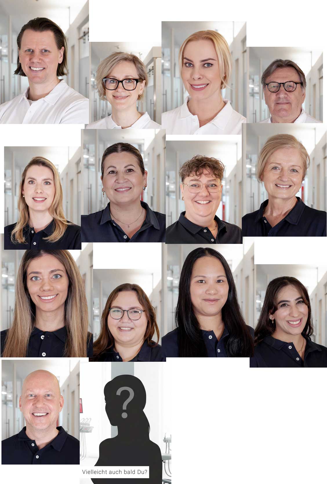 team-20260623 Collage of smiling employees in white and navy shirts in a bright office hallway, forming a group portrait.